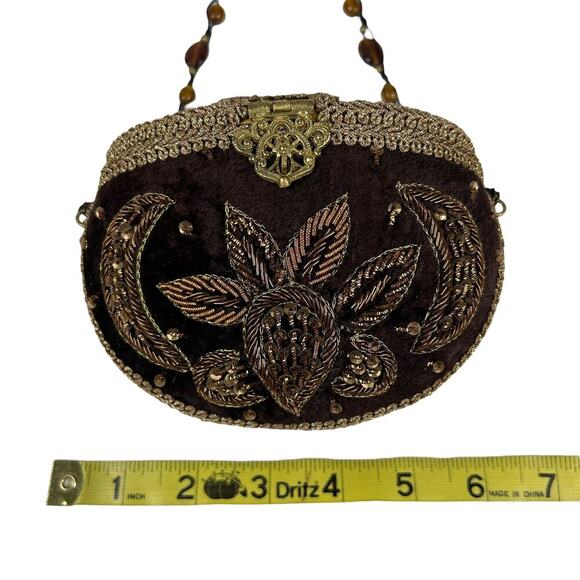 Vintage 70s Indian Handmade Brown Velvet Structured Beaded Mini Bag - Picture 6 of 6